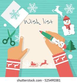 Child at table writing a letter to Santa Claus wish list. Merry Christmas and New Year. Vector illustration flat design. Blank sheet for text template. Group layers, easy to edit. Holiday background.