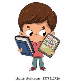 Child with a tabler and a book