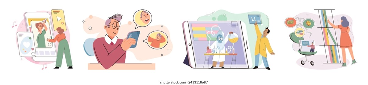 Kind mit Tablette. Vektorgrafik. Elektronische Geräte wie Tablets haben die Art und Weise verändert, wie Kinder Zugang zu Bildungsinhalten erhalten Bildung im digitalen Zeitalter ist durch Verwendung von Gadgets und Online-Inhalte gekennzeichnet