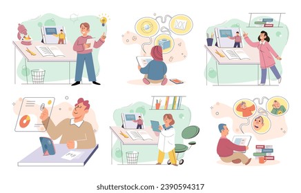 Child with tablet. Vector illustration. Using tablet for studying enhances childs learning experience and engagement The integration technology in education enables students to have more interactive
