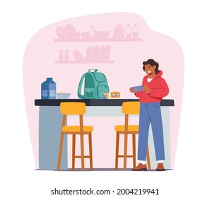 Child Take Lunch Box to School. Teenager on Kitchen with Backpack on Desk Prepare Food. Student Character Prepare to Learning in College. Back to School Concept. Cartoon People Vector Illustration