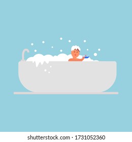 Child takes a bubble bath with toy boat. Bath time. Cartoon vector illustration
