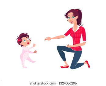 Child takes the first steps in the tender embrace of the mother, mother's day, the infant, motherhood, innocence, girl. A woman looks at her daughter with love. Vector illustration in cartoon style