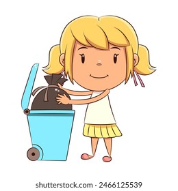 Child taking out trash, littering, garbage, bin