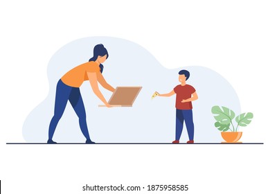 Child taking slice of pizza from box. Mom and kid eating fast food at home flat vector illustration. Food delivery, family nutrition concept for banner, website design or landing web page