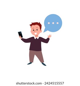 A child is talking on the phone via video call. Vector flat illustration of a character with isolated speech bubble depicting the use of modern technology.