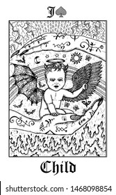 Child. Tarot card from vector Lenormand Gothic Mysteries oracle deck. Black and white engraved illustration. Fantasy and mystic line art drawing. Gothic, occult and esoteric background