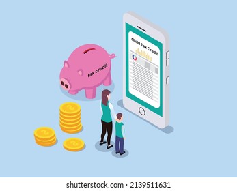 Child tax credit vector concept. Young woman and her son looking at child tax credit form on cellphone while standing with money and piggy bank
