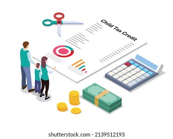 Child tax credit vector concept. Young family looking at child tax credit form while standing with scissor in the studio