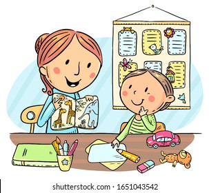 Child and teacher or mother reading a book together and describing pictures, individual lesson, cartoon illustration