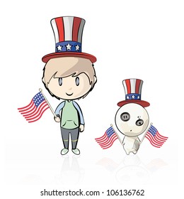 Child and teddy dressed as American with flags. Vector illustration.