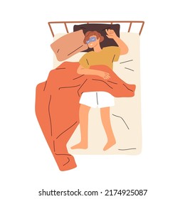 Child teenager asleep in sleeping mask in bed. Kid lying on back, napping. Sleepy teen dreaming, relaxing under blanket, top view. Flat graphic vector illustration isolated on white background