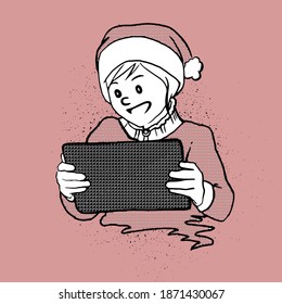 Child or teenager wearing santa hat is using tablet to chat with family member.