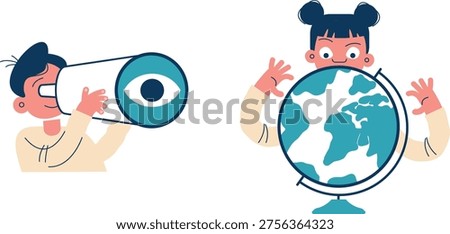 A child with a telescope observes a globe with a face and mickey mouse ears