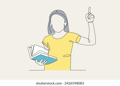 A child is telling a story in public. Kids and books one-line drawing