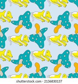 Child texture. Cute seamless vector pattern with pets and mushrooms