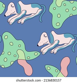 Child texture. Cute seamless vector pattern with pets and mushrooms
