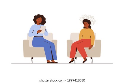 Child therapy session in doctor's office. Young girl receives emotional support from her counselor. Female psychologist has an individual meeting with her young patient. Vector illustration