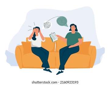 Child therapy session in doctor's office. Young girl receives emotional support from her counselor. Female psychologist has an individual meeting with her young patient. Vector illustration