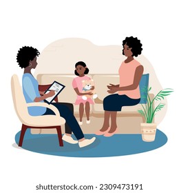 The child is in a therapy session in the office of a child psychologist. Consultation, training and assistance of a psychologist. Vector illustration in a flat style.