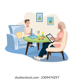 The child is in a therapy session in the office of a child psychologist. Consultation, training and assistance of a psychologist. Vector illustration in a flat style.