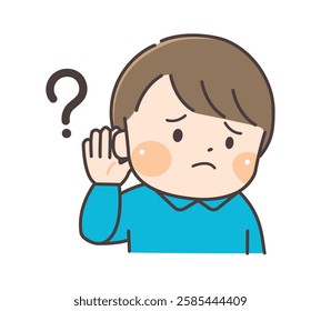 A child thinking with his right hand on his ear.