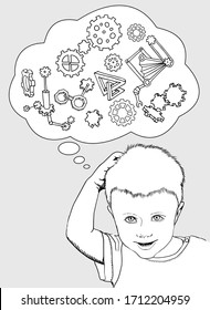Child thinking with a thought bubble with gears on the background, concept for inspiration and solution. Vector black pen drawing.