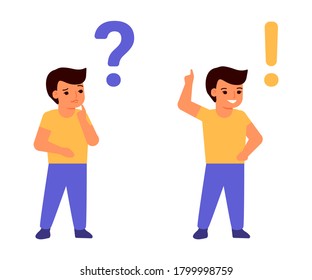 Child thinks, doubts. Question and answer concept. Clever boy. Vector 