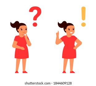 Child thinks, reflects, doubts and decides, finds, comes up with. Question and answer, exclamation concept. Clever girl, student. Children difficulties Vector illustration