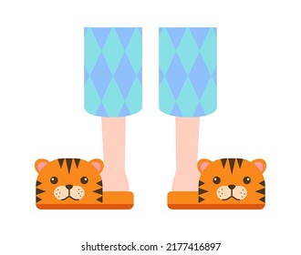 Child in tiger slippers. Vector illustration