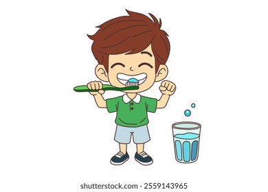 Child with toothbrush, clipart cartoon.