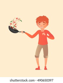 Child Tossing Vegetables In A Wok. Flipping Food In A Pan. Vector Illustration. Cute Boy