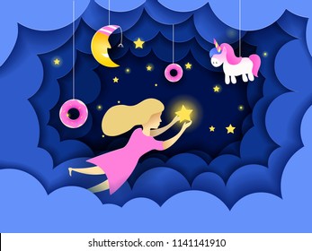 Child touching the stars in the sky. Kids dream vector illustration in paper art origami style. Paper cut design concept. Fairy tale wallpaper in baby room. 