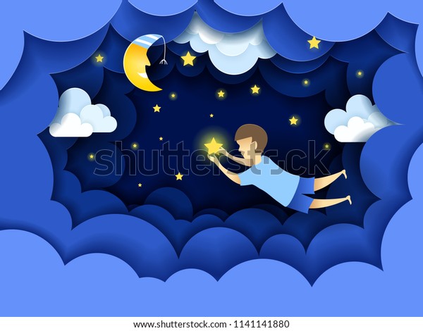 Child touching the stars in the sky. Kids dream vector illustration in paper art origami style. Paper cut design concept. Fairy tale 3d blue wallpaper in baby room. 