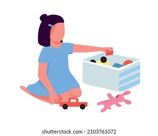 Child with toy box semi flat color vector character. Sitting figure. Full body person on white. Playground isolated modern cartoon style illustration for graphic design and animation