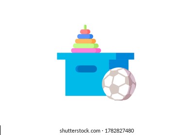 Ilustración vectorial de color RGB semiplana de juguete infantil. Muñeca para niños pequeños. Fútbol. Pirámide a ensamblar. Regalo a un niño pequeño. Contenedor con juguetes objeto de caricatura aislado sobre fondo blanco