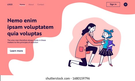 Child with toy visiting doctor. Pediatrician with stethoscope examining girl flat vector illustration. Medicine, examination, healthcare concept for banner, website design or landing web page