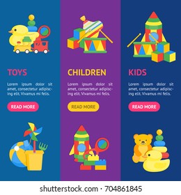 Child Toys Banner Vecrtical Set for Play and Education Baby. Vector illustration