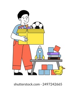 Child with toys. Boy stands with cardboard box with bal and train. Duck, rocket and cube. Fun and leisure indoors. Kid in childrens room. Linear vector illustration isolated on white background