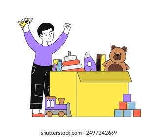 Child with toys. Boy stands with rocket near cardboard box with teddy bear and pyramid. Fun and leisure indoors. Kid in childrens room. Linear vector illustration isolated on white background