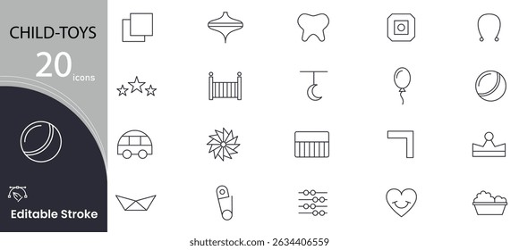 Child Toys line icon set. Baby toys, children toys, feeding care and international children day outline icon collection. UI thin outline icon set . Editable stroke.