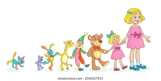 Child and toys. Сute little girl leads doll, teddy bear, clown and toy animals by the hand. In cartoon style. Isolated on white background. Vector illustration