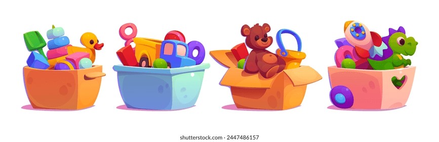 Child toys packed in plastic and cardboard boxes for home and kindergarten storage or donate concept. Cartoon vector illustration set of kid play object pile in container. package full of playthings.