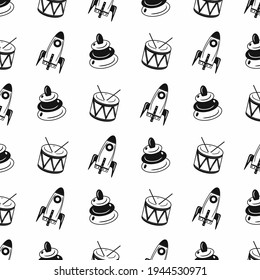 Child toys pattern. Idea for decors, ornaments, wallpapers, gifts, damask, celebrations, invitation, greeting, birthday, paper, summer holidays, childhood themes. Isolated vector artwork.