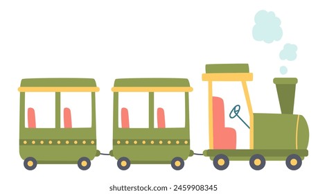 Child train with two wagons in flat design. Cute transport at amusement park. Vector illustration isolated.