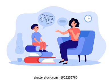 Child training basic language skills with speech therapist isolated flat vector illustration. Cartoon little boy improving his language. Articulation problem and speech therapy concept