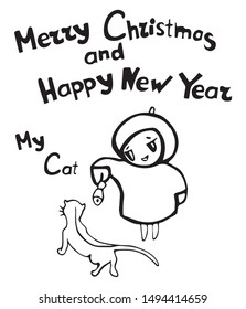 Child treats a cat with fish for Christmas. Merry Christmas and Happy New Year. Cartoon