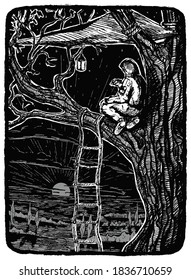 Child in a tree looks at the sunset. Hand drawn vector illustration in monochrome colors. Abstract retro graphic drawing isolated on white. Element for design prints, shirt, poster, typography, decor.
