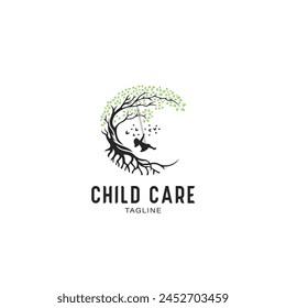 Vector de estilo plano de Plantilla de diseño de logotipo de icono de columpio de árbol infantil