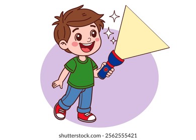 A child turns on a flashlight. Vector illustration in cartoon style.